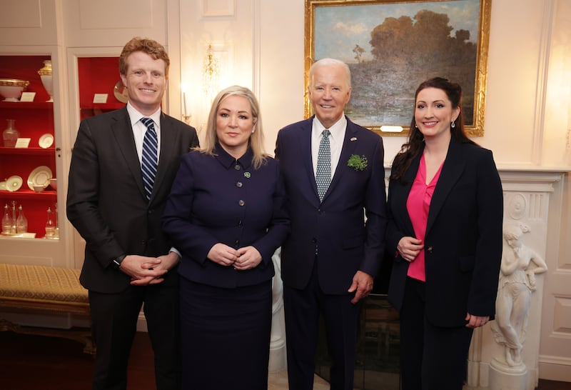 First Minister Michelle O’Neill and deputy First Minister Emma Little-Pengelly meeting Joe Biden and Joseph Kennedy in the China Room of the White House