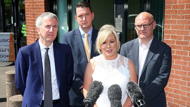 Sinn Fein Leader Michelle O'Neill speaks to the&nbsp;media along with M&aacute;irt&iacute;n &Oacute; Muilleoir, John Finucane and Paul Maskey on the tenth anniversary of&nbsp;the&nbsp;power-sharing institutions and a call to SDLP leader Colum Eastwood. Picture Mal McCann&nbsp;
