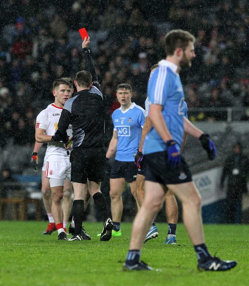 Tyrone's Mark Bradley receives his marching orders during the Allianz Football League clash at Croke Park. Picture Philip Walsh&nbsp;