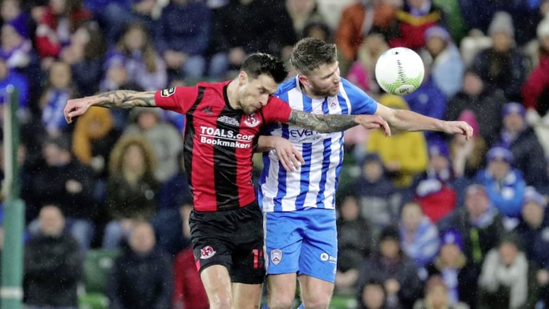 Crusaders Declan Caddell and Coleraine&#39;s Stephen Lowry in action in the League Cup final. It could be some time before we see any football 