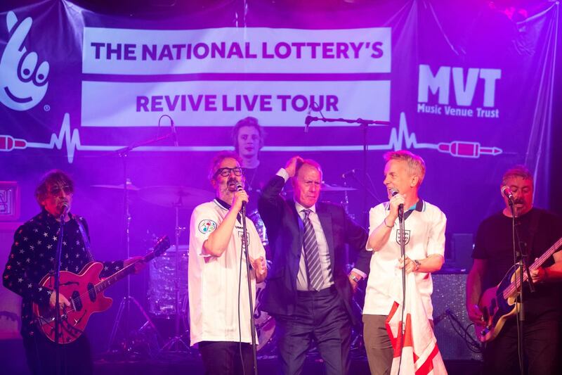 David Baddiel, Frank Skinner and Lighting Seeds with Sir Geoff Hurst performing their song Three Lions (David Parry/PA)