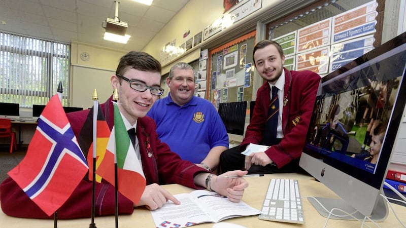 Boys&rsquo; Model sixth form pupils Curtis Bradford (left) and Curtis Williamson join head of learning technology Ian Patterson to explore their career options through the Erasmus+ EU funding programme 