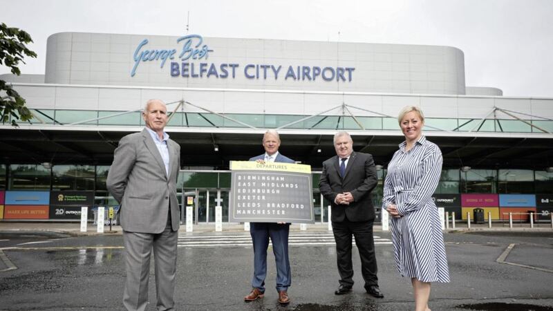 L-R: Andy Jolly, managing director of Stobart Air; Brian Ambrose, chief executive of Belfast City Airport; David Shepherd, Aer Lingus chief commercial officer; and Katy Best, the airport&#39;s commercial director. Picture by Kelvin Boyes. 