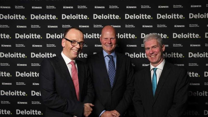 Pictured at the awards in Dublin are Tara Simpson, MD of Instil Software; David Crawford, partner Deloitte, Belfast; and Junior Nelson, CFO of Path XL   