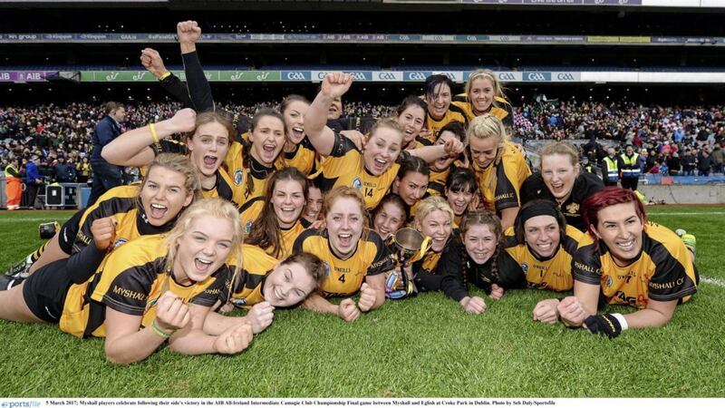 Myshall players celebrate following their side's victory in the AIB All-Ireland Intermediate Camogie Club Championship Final game against Eglish at Croke Park yesterday <br />Picture by Sportsfile