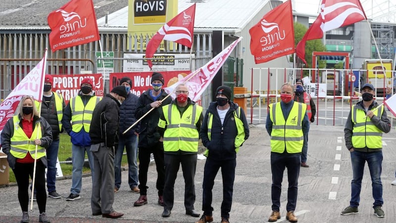 Workers from the Hovis bakery in Belfast picketed over pay conditions. Picture by Mal McCann 