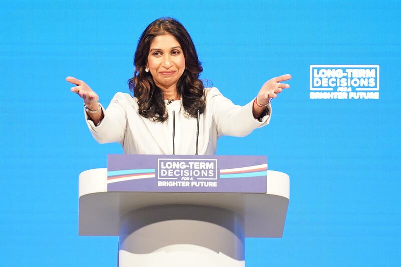 Home Secretary Suella Braverman delivers her speech during the Conservative Party annual conference in Manchester