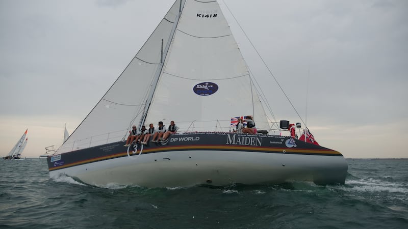 The crew completed the Ocean Globe Race aboard their yacht, Maiden, at 10.52am on Tuesday
