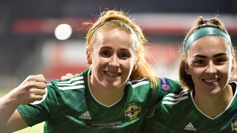 Northern Ireland&rsquo;s Rachel Furness and Chloe McCarron  celebrate reaching the Euro 2022 play-off after beating the Faroe Islands.<br />Pic Colm Lenaghan/Pacemaker&nbsp;