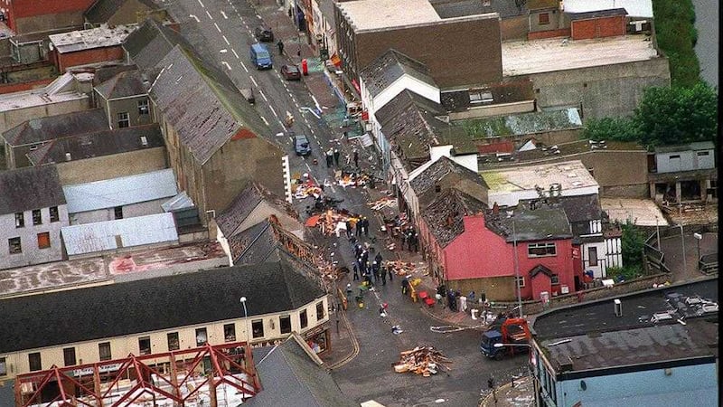 An aerial view of the devastation caused in Omagh after the bombing. Picture by MoD Crown Copyright/PA Wire 