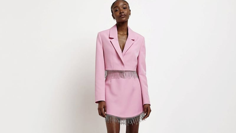 Pink Sequin Fringe Cropped Blazer, &pound;79; Pink Sequin Fringe Mini Skirt, &pound;49, available from River Island 