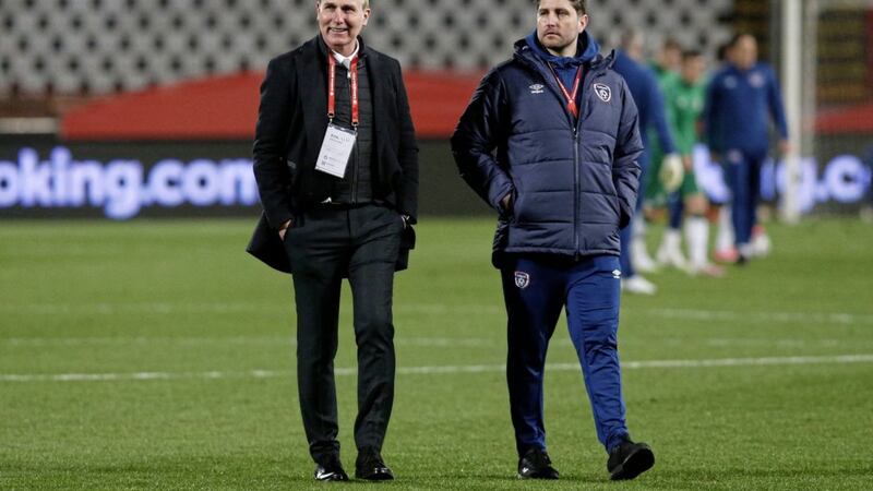 Republic of Ireland head coach Stephen Kenny has lost Ruaidhri Higgins (right) to Derry City. Kenny is set to select his replacement soon 