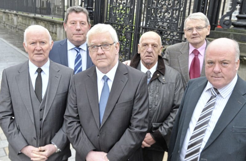 Some of the Hooded Men at an earlier hearing in Belfast's High Court. L-R (front) : Liam Shannon, Francis McGuigan, Jim Auld. L-R (rear): Joe Clarke, Kevin Hannaway, Brian Turley. Picture by Hugh Russell