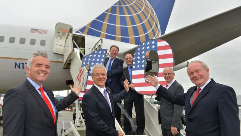 Celebrating the Belfast-New York flight&#39;s 10th anniversary are economy minister Jonathan Bell; Bob Schumacher (United Airlines); Graham Keddie, MD Belfast International Airport; US Consul General Greg Burton; DRD minister Danny Kennedy; and deputy First Minister Martin McGuinness 