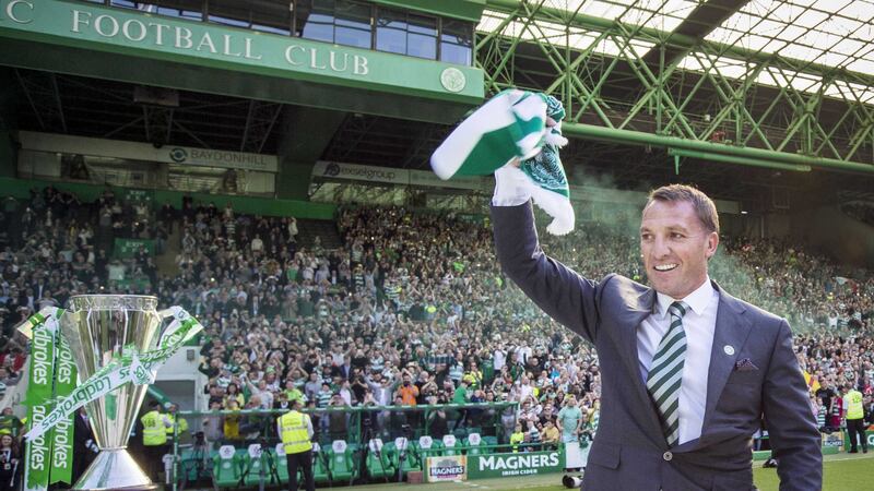 New Celtic boss Brendan Rodgers is unveiled to the Celtic Park faithful yesterday. The Carnlough man has signed a 12-month rolling contract and declared his ambition to restore the club&rsquo;s proud European reputation<br />Picture by PA