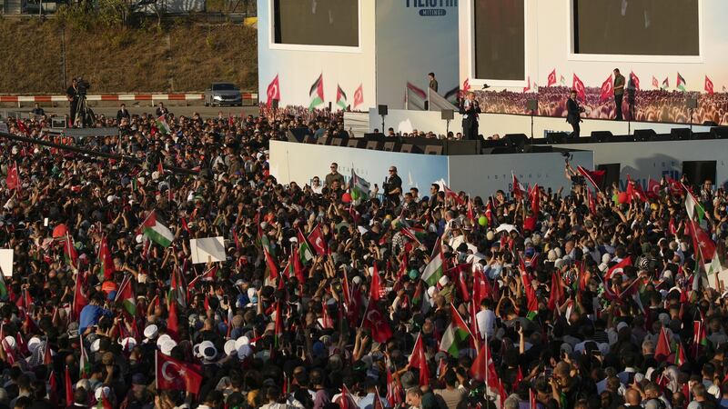 Turkish President Recep Tayyip Erdogan addressed a rally showing solidarity with Palestinians, in Istanbul, on Saturday (Emrah Gurel/AP)