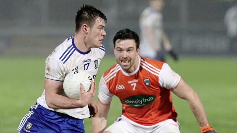 Armagh&#39;s Aidan Forker and Monaghan&#39;s Barry Kerr duel at the Athletic Grounds Picture by Declan Roughan 