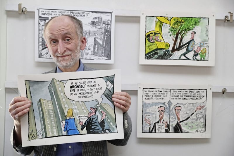 Cartoonist Ian Knox at his Critical Crass exhibition at the RSUA in Belfast 