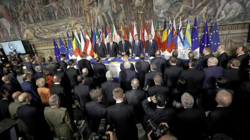 EU leaders, including European Commission President Jean-Claude Juncker, gather in Rome to mark the 60th anniversary of their founding treaty and chart a way ahead following the decision of Britain to leave the 28-nation bloc 