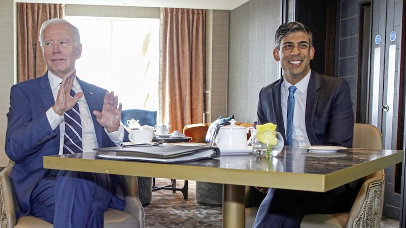 Prime Minister Rishi Sunak and US President Joe Biden at the Grand Central Hotel in Belfast in April. It was during their visits that the Northern Ireland Investment Summit was first mooted 