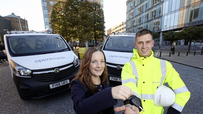 Mairead Meyer, managing director of the newly-named Openreach Northern Ireland team, with engineer Philip Lorimer 