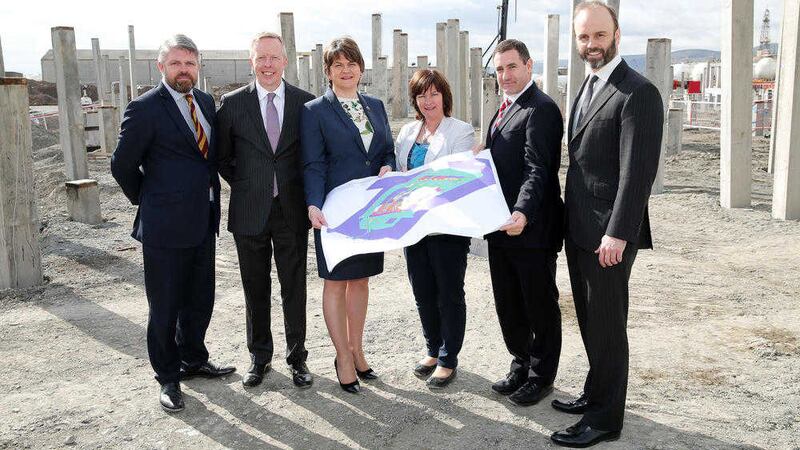 First Minister Arlene Foster and Junior Minister Jennifer McCann pictured during a site visit to the Full Circle plant with Nick Parker, Equitix; Shaun Kingsbury, GIB; Brett Ross, RiverRidge Recycling and Mark White, P3P Partners 