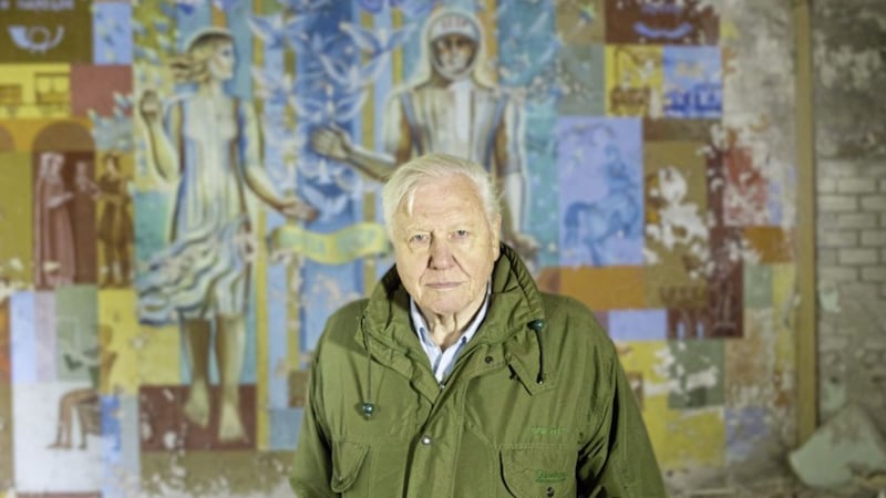 David Attenborough in Chernobyl in a scene from David Attenborough: A Life On Our Planet 