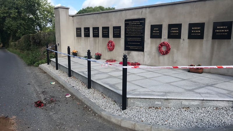 Some of the damage caused to a memorial to ten men who were killed at Kingsmill, Co Armagh in 1976&nbsp;