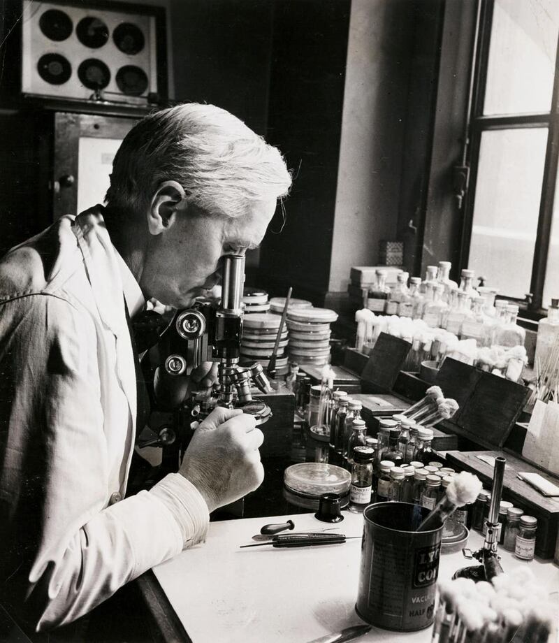 Sir Alexander Fleming looking through a microscope