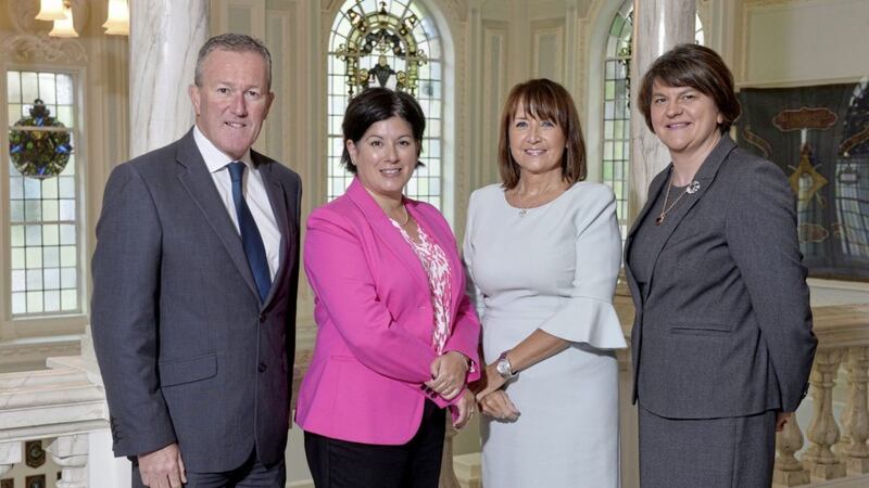 MLAs Arlene Foster and Conor Murphy with NI Chamber chief executive Ann McGregor and Heathrow&#39;s expansion procurement director Maya Jani 