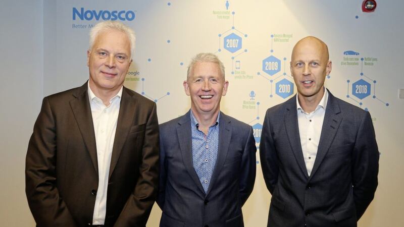 Pictured at the announcement of Novosco&#39;s acquisition are Cancom chief executive Thomas Volk (left) with Novosco co-founders Patrick McAliskey and John Lennon 