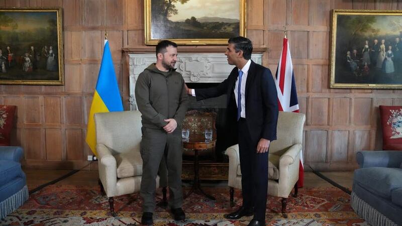 Ukraine’s leader Volodymyr Zelensky was compared by Rishi Sunak to the UK’s wartime premier Sir Winston Churchill during a visit to Chequers (Carl Court/PA)