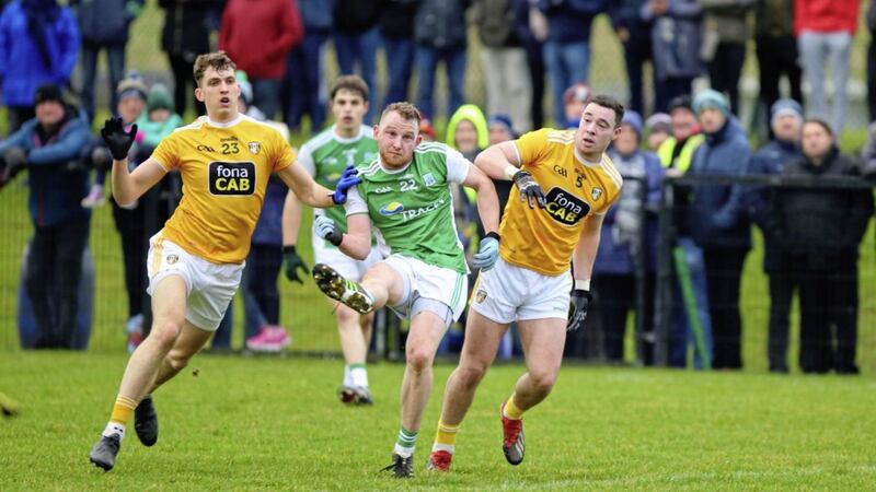Antrim's Ruairi McCann and Declan Lynch (right) put Fermanagh's Aiden Breen under pressure during the Dr McKenna Cup clash on Sunday January 5 2020 at Ahoghill. Picture by Cliff Donaldson.