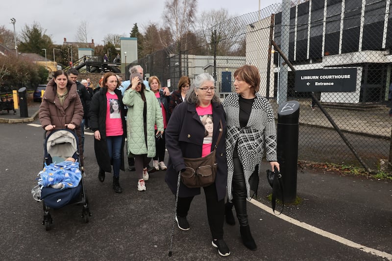 Friends, family members and supporters of murder victim Natalie McNally leave Lisburn Courthouse, where Stephen McCullagh, 32, from Woodland Gardens, Lisburn, was remanded in custody after appearing in Lisburn Magistrates' Court 