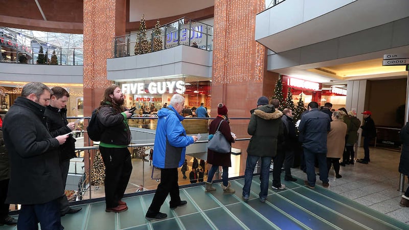 Customers queue outside the Five Guys restaurant at Victoria Square, Belfast&nbsp;