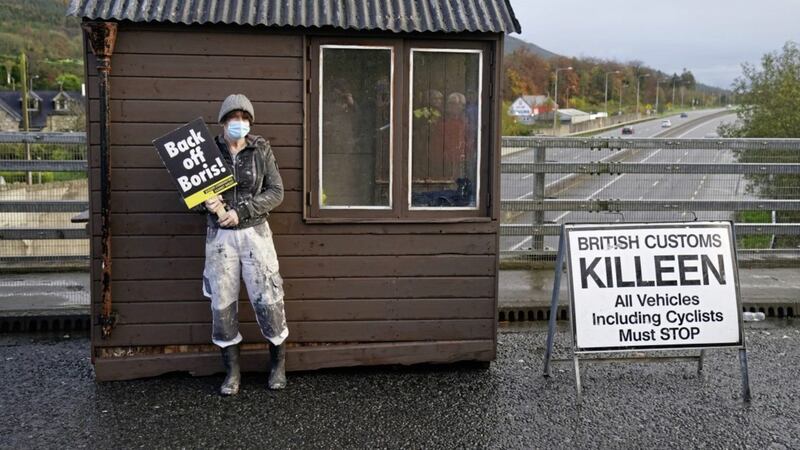 A mock customs post is set up with protesters from Border Communities Against Brexit. Picture by Brian Lawless/PA Wire 