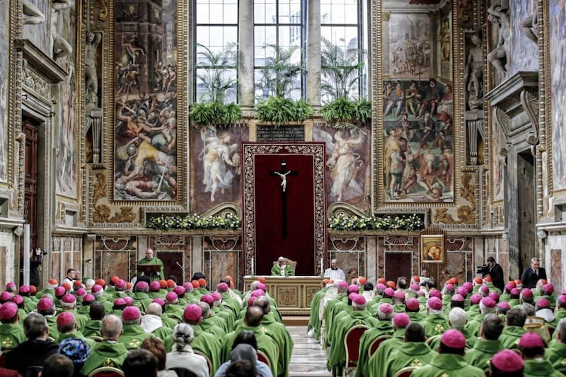 Pope Francis celebrates Mass at the Vatican on Sunday at the conclusion of his summit of Catholic leaders aimed at preventing clerical sexual abuse. The Mass was celebrated in the Sala Regia, one of the grand, frescoed reception rooms of the Apostolic Palace. Picture by Giuseppe Lami/Pool Photo via AP 