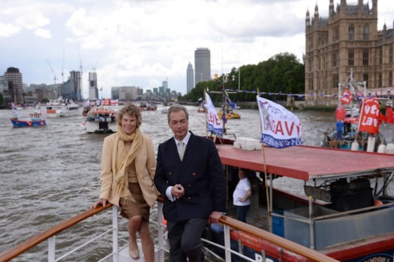 Ukip leader Nigel Farage and Kate Hoey on board a boat taking part in a Fishing for Leave pro-Brexit 