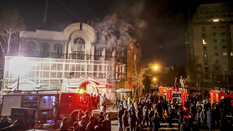 Smoke rises as Iranian protesters set fire to the Saudi embassy in Tehran, Sunday, Jan. 3, 2016. Protesters upset over the execution of a Shiite cleric in Saudi Arabia set fires to the Saudi embassy in Tehran. Picture by Mohammadreza Nadimi/ISNA via AP