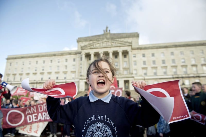 A crowd mostly made bup of young school children attend an Irish Language protest at Stomront in east Belfast regarding the  Irish language act not being put through the Northern Ireland Assembly.Pictured is courtney Jonston from Gaelscoil An Lonnain. Picture Mark Marlow. 