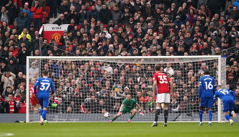 Manchester United’s Bruno Fernandes scores during the match against Everton