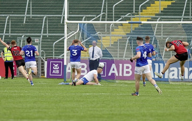 Danny Magill wheels away in celebration after his crucial late goal helped sink Cavan in the Tailteann Cup quarter-final. Picture by Philip Walsh 