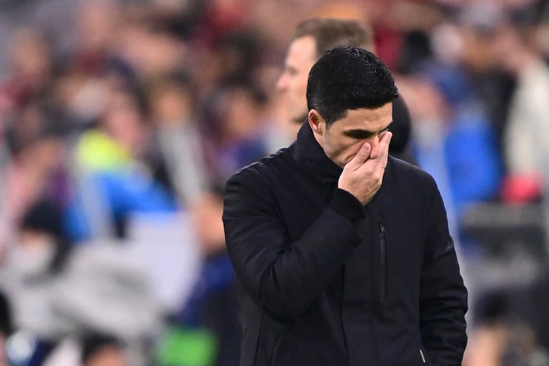 Mikel Arteta reacts during Arsenal’s defeat to Bayern Munich (Christian Bruna/AP)