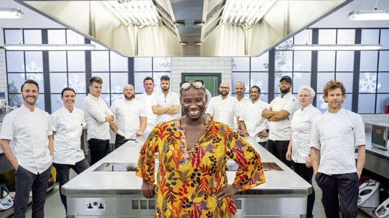 Andi Oliver with contestants on The Great British Christmas Menu 