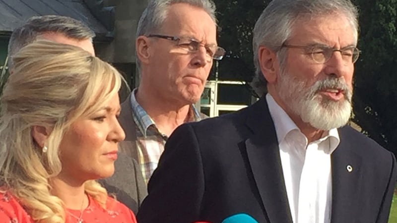 Sinn Fein's leader at Stormont Michelle O'Neill and the party's president Gerry Adams speak to the media at Stormont Castle in Belfast, as powersharing talks have broken down after Sinn Fein withdrew&nbsp;