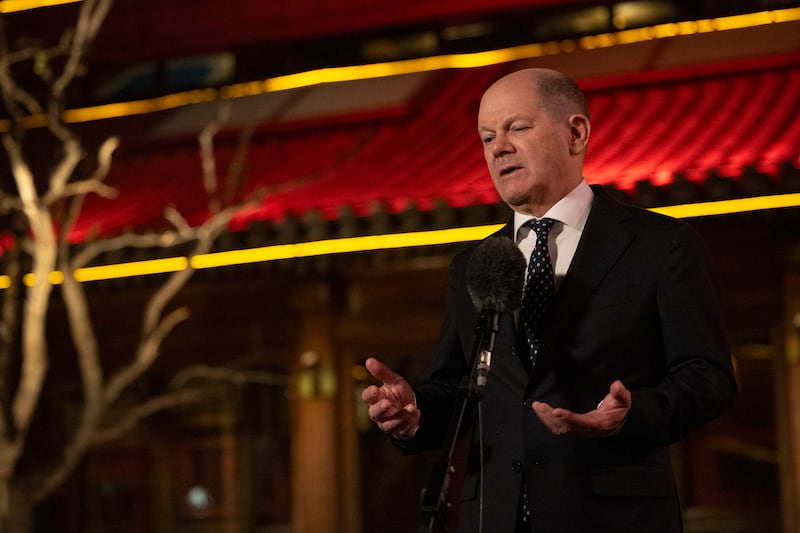 German Chancellor Olaf Scholz speaks during a press conference in Beijing, China (Andres Martinez Casares, Pool Photo via AP)