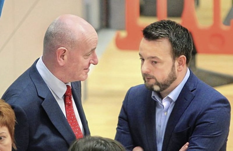 SDLP leader Colum Eastwood with Mark Durkan at the Foyle election count. Picture by Margaret McLaughlin 