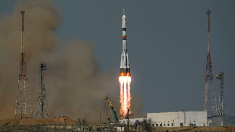The trio of passengers blasted off from Russia’s leased Baikonur base in Kazakhstan.