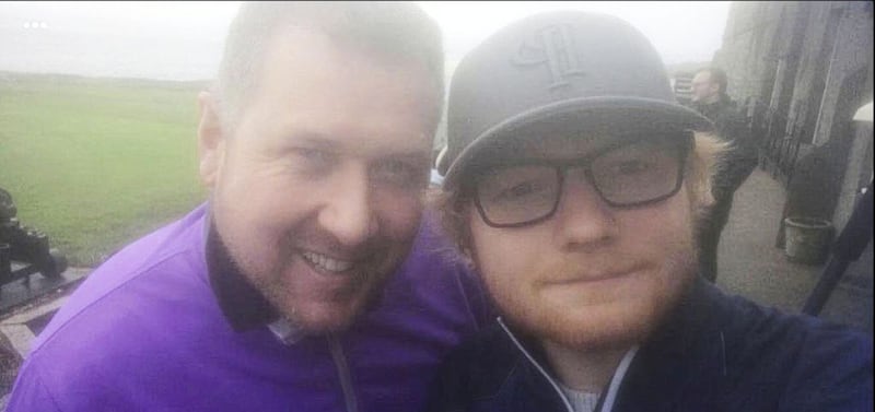 Paul Vaughan, director of golf at Ardglass Golf Club, pictured with Ed Sheeran yesterday 