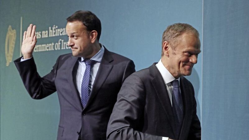 Taoiseach Leo Varadkar and EU Council president Donald Tusk hold a press conference at Government Buildings in Dublin Picture by Niall Carson/PA  